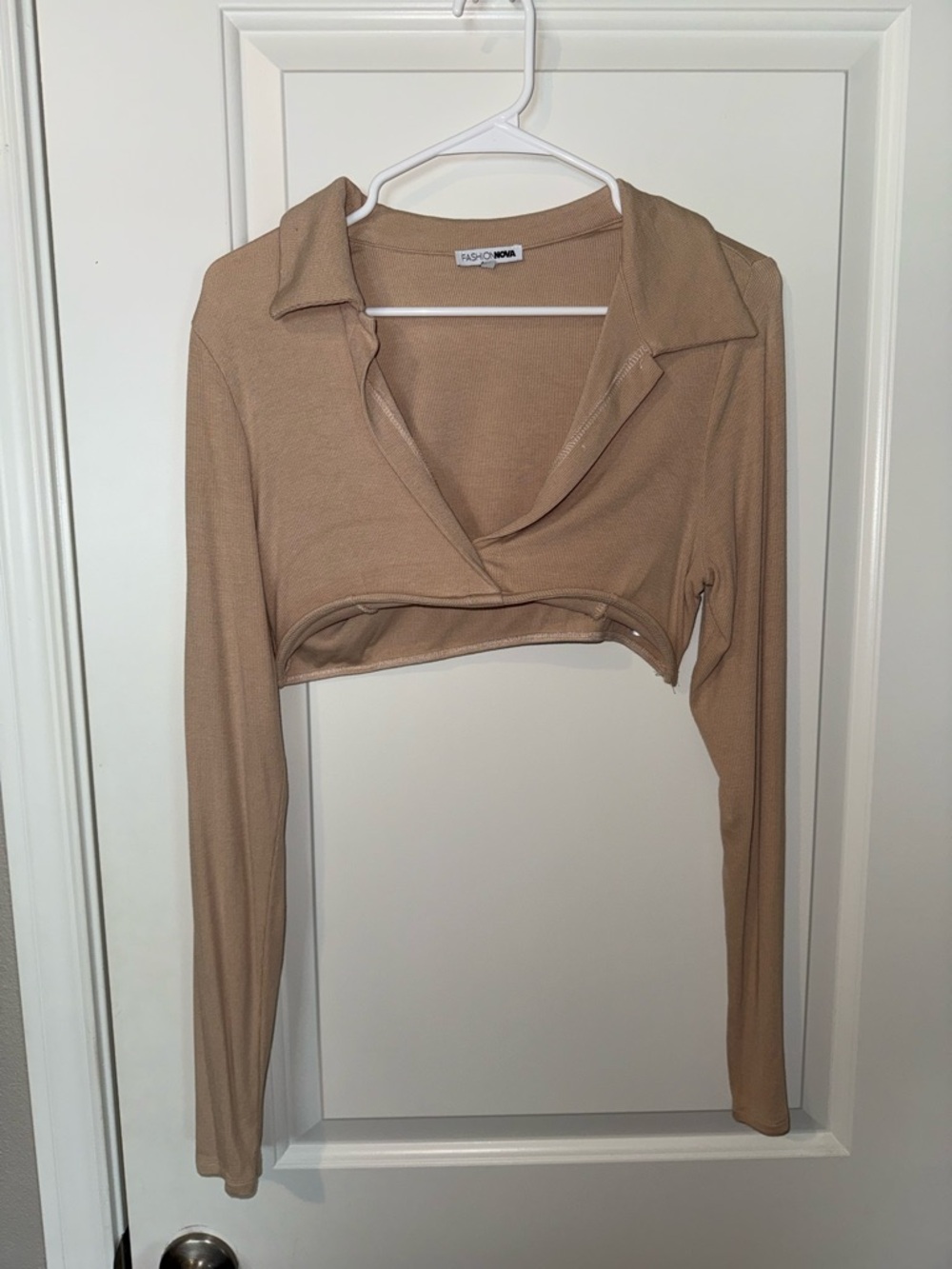 Fashion Nova Tan Cropped Long-Sleeve Polo